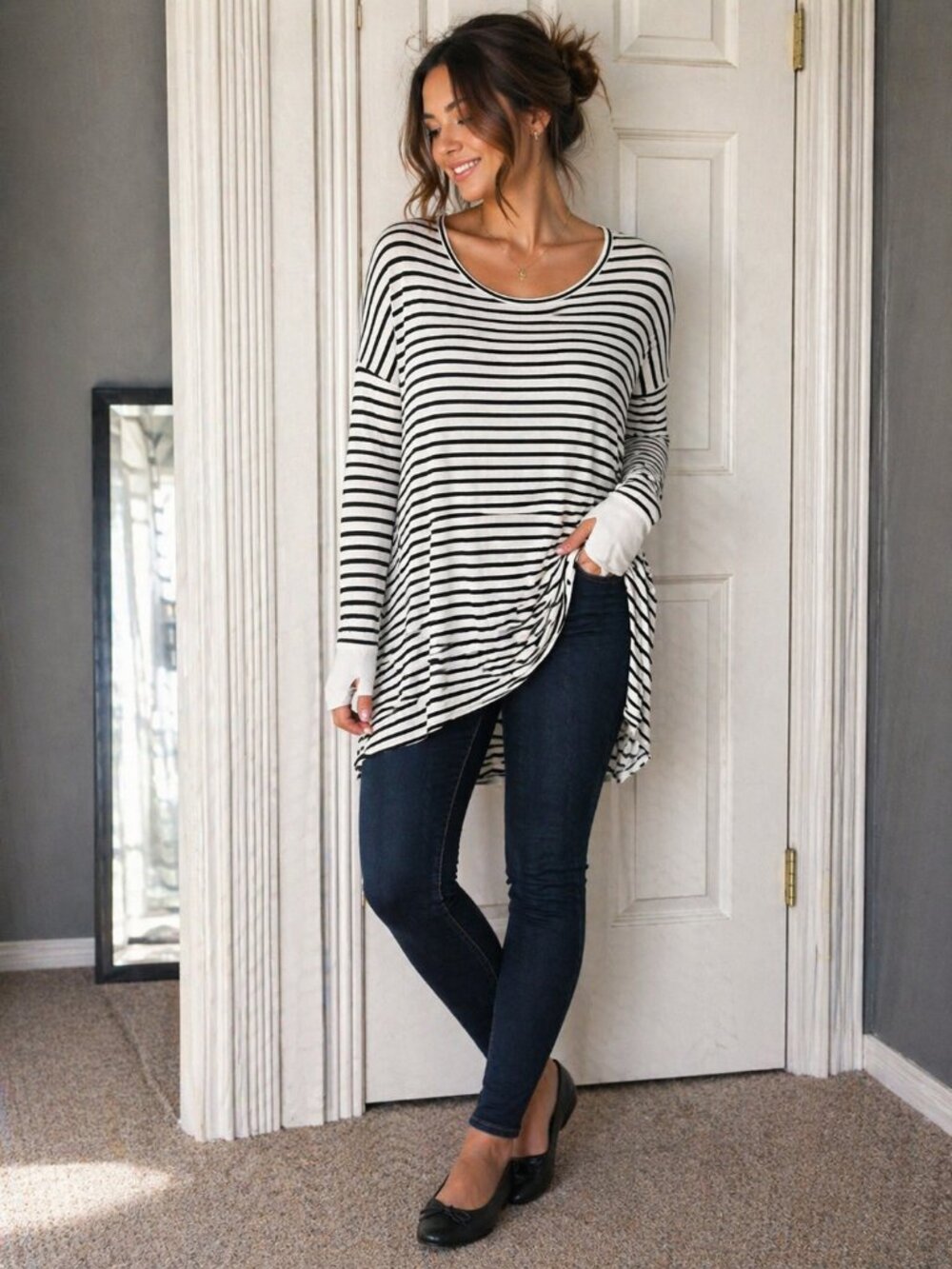 Black White Striped Tunic Top, Long Sleeve Thumbhole Shirt, Oversized Flowy Tee,